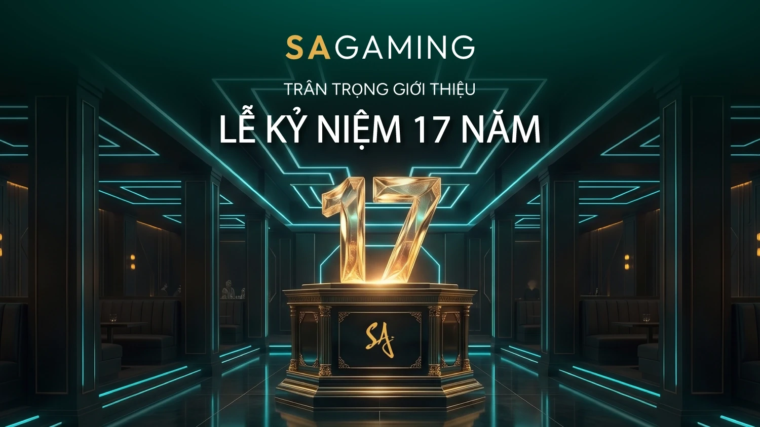 Poster for SA Gaming's 17th Anniversary Celebration set in a luxurious, dark room with cyan neon accents and a central golden "17" statue on an ornate pedestal.