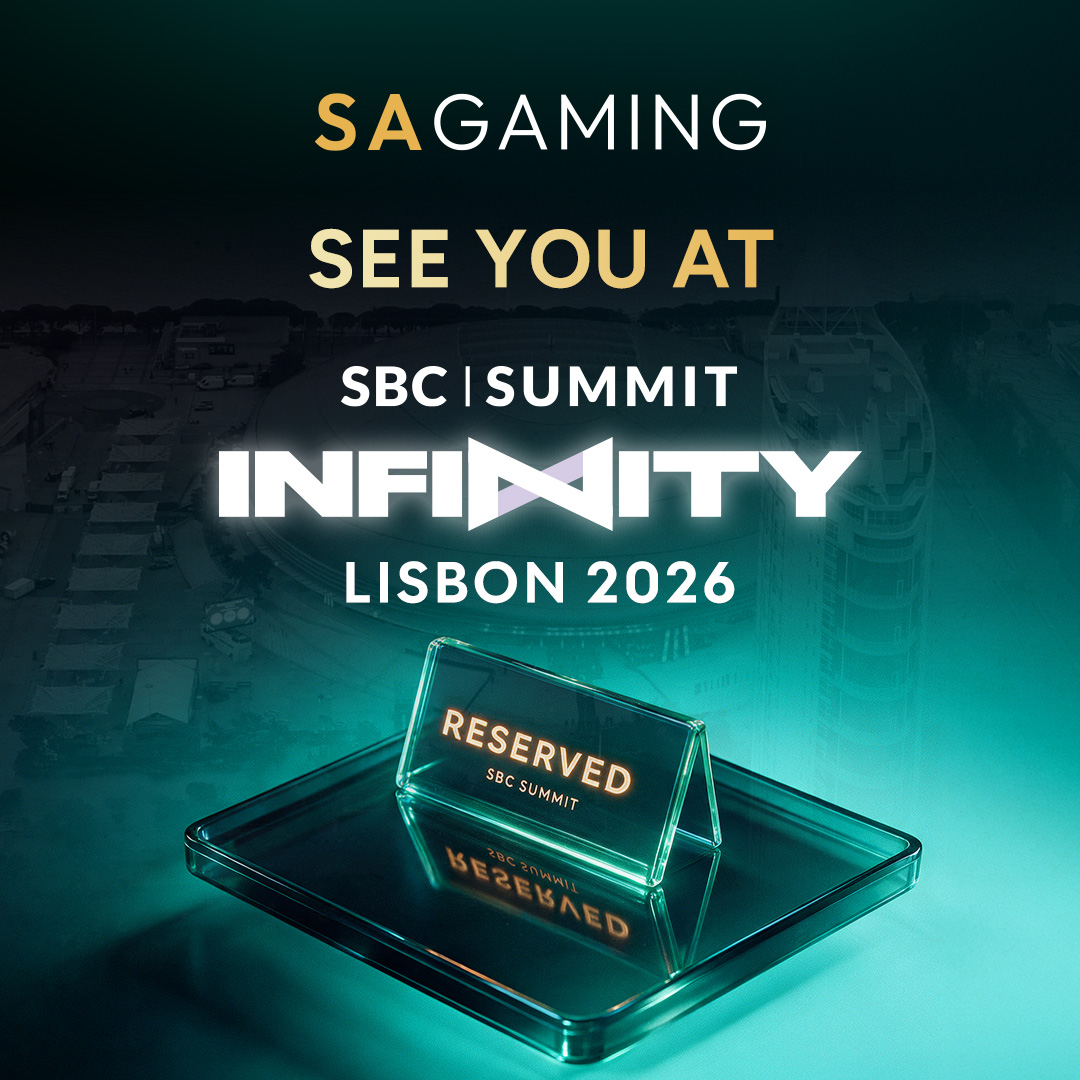 SA Gaming live gaming event graphic for SBC Summit Infinity Lisbon 2026 with a Reserved sign on a black tray